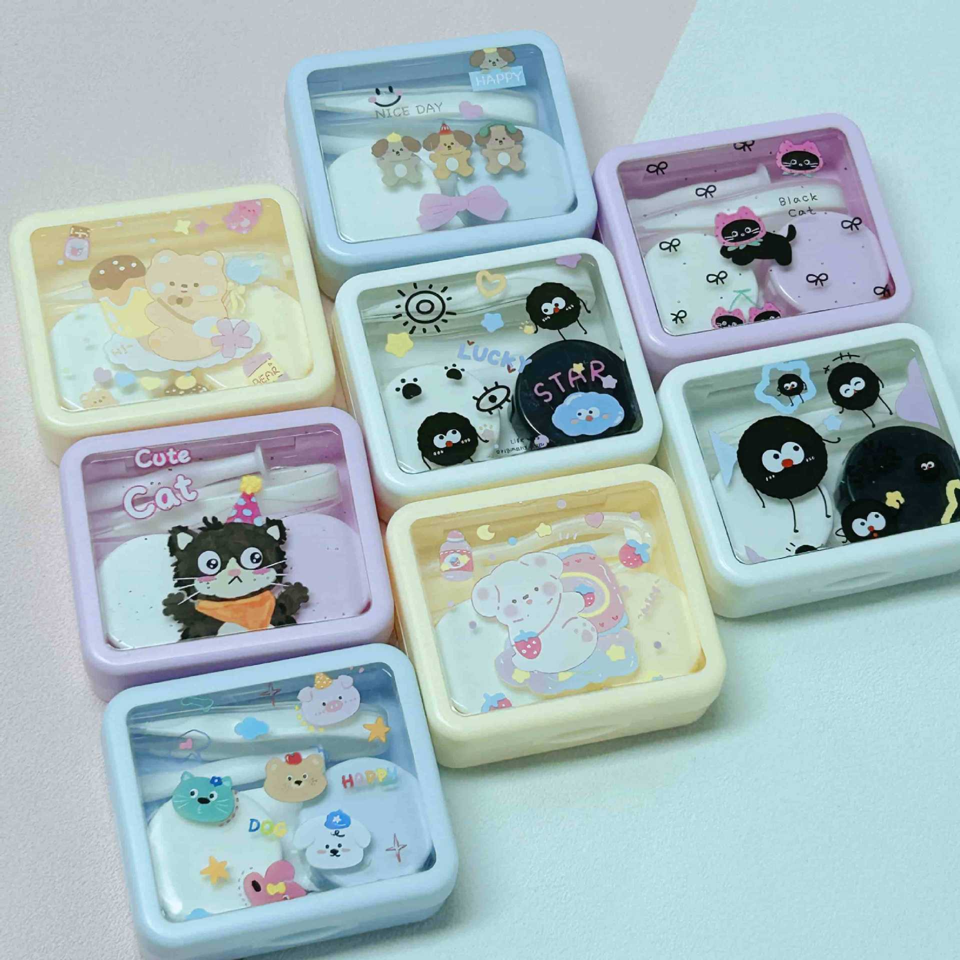 新款清新可爱卡通图案美瞳盒伴侣盒隐形眼镜盒双联盒2412