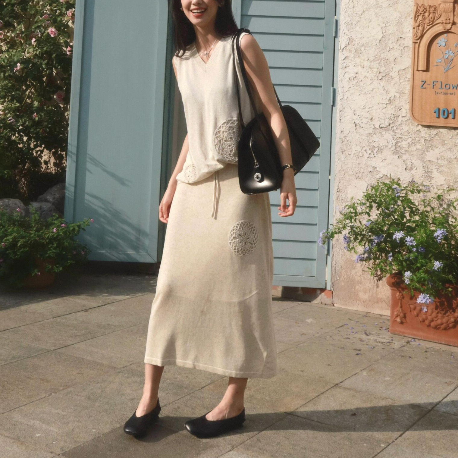 SW系列莱赛尔亚麻背心半裙套装女25秋季新款针织钩花套装