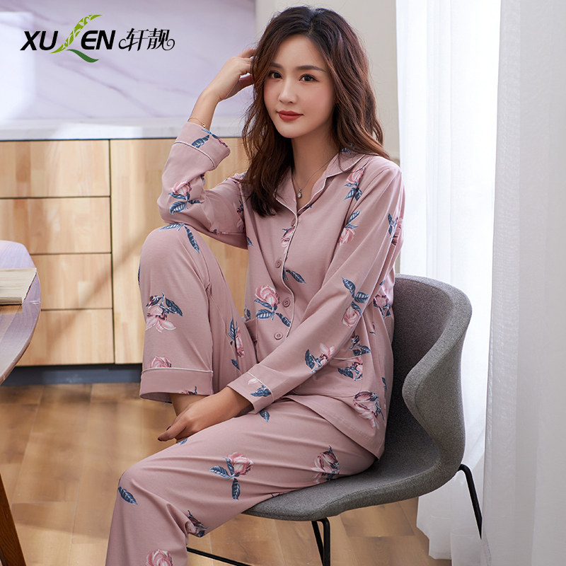 Pijamas de las mujeres primavera y otoño primavera manga larga 100% algodón Delgado homewear más tamaño suelto traje de mamá de mediana edad
