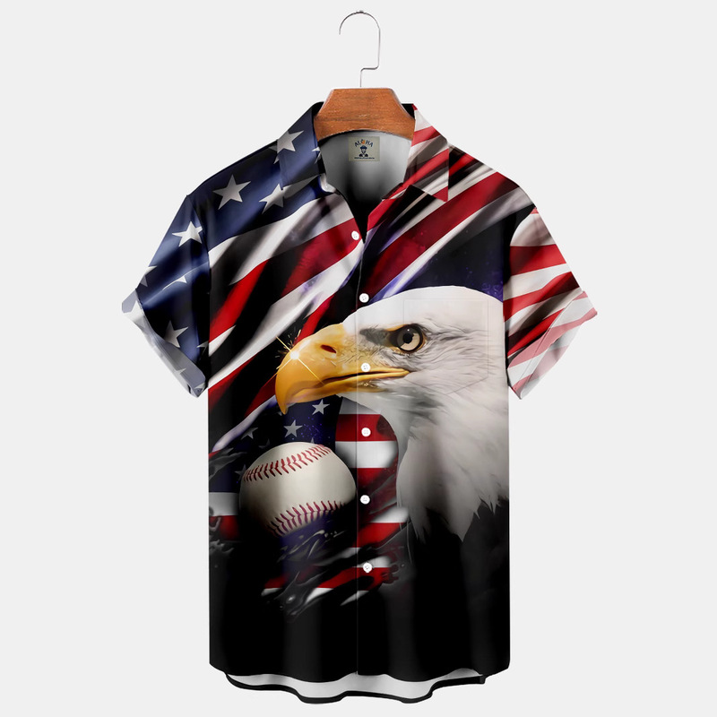 2024 Fashion Trend Independence Day Flag Short Sleeve Men's Shirt 3D Digital Print Shirt Cross Border Amazon