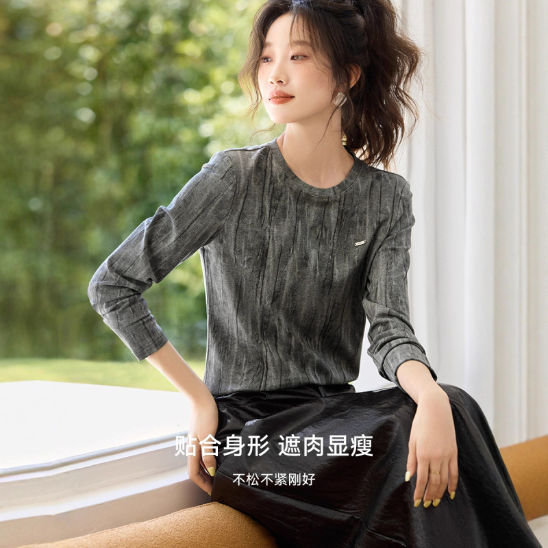 晕染肌理感长袖2025秋季新款时尚休闲基础扎染圆领T恤女|undefined