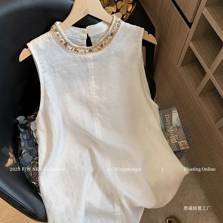 Женский летний топ 2025 года, этнический стиль, без рукавов, из льняной ткани с бисерной вышивкой, свободного кроя, новый нишевый дизайн