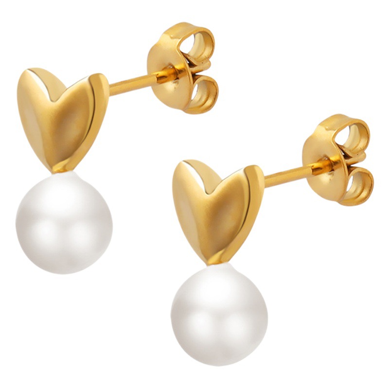 Estilo francés retro elegante imitación perla melocotón corazón pendientes de titanio Chapado en acero 18K oro pendientes nicho diseño pendientes