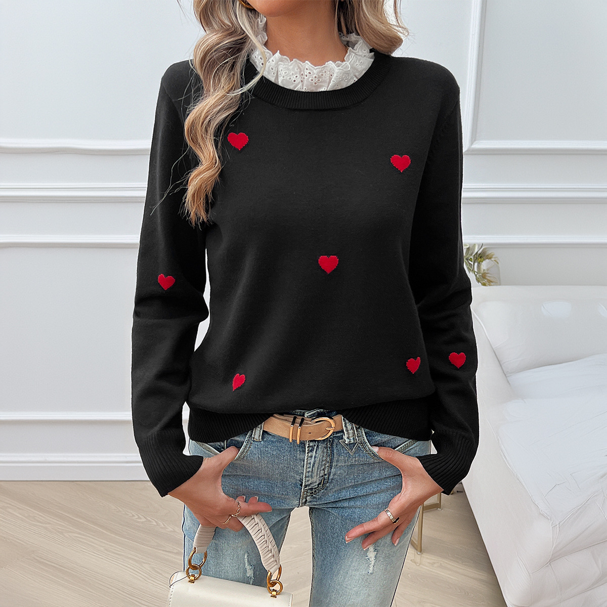 Kaikuo2025 otoño y invierno comercio exterior transfronterizo amazon dulce lindo viento bordado amor suéter de cuello de encaje ropa de mujer