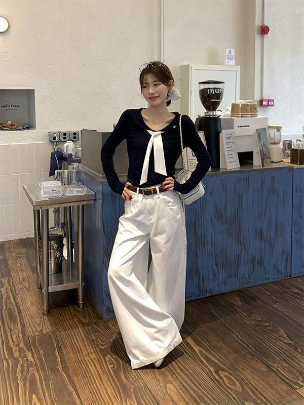 设计感娃娃领绑带长袖t恤女内搭短款修身早秋单穿韩系chic小上衣|undefined
