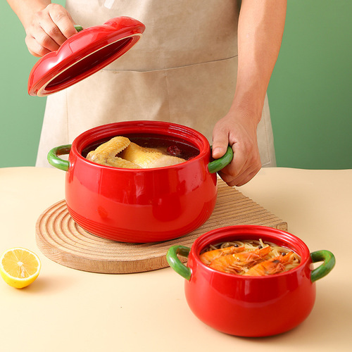 Double Ear Soup Bowl Tomato Shape Household Instant Noodle Bowl Student Dormitory With Lid Ceramic Soup Bowl Bowl Vermicelli Soup Bowl 