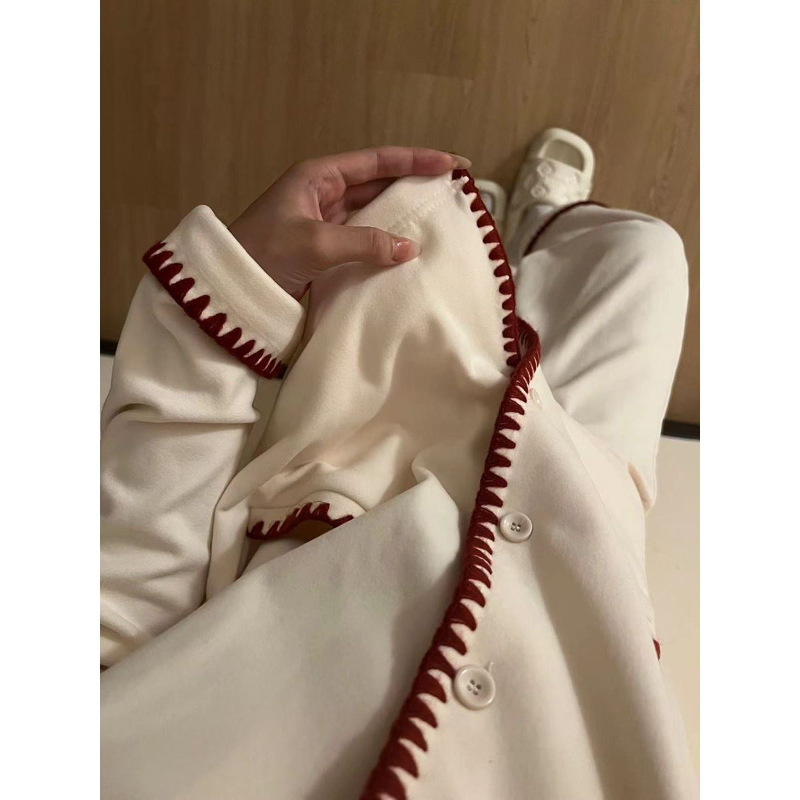 韩版简约翻领德绒简约舒适睡衣女秋季家居服套装长袖长裤可外穿|undefined