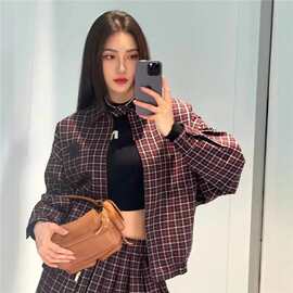 外贸跨境25Fw原标MIU缪家网红款贴布刺绣格纹夹克开衫外套男女
