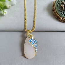 新款仿和田玉水滴吊坠女款新中式古法沙金景泰蓝孔雀项链饰品批发