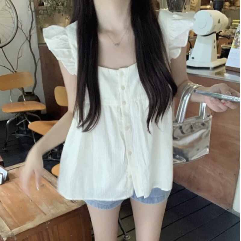 Square Collar Sleeveless Shirt Women's Spring and Summer French Style Elegant Chic Loose Short Doll Shirt Small Flying Sleeve Top