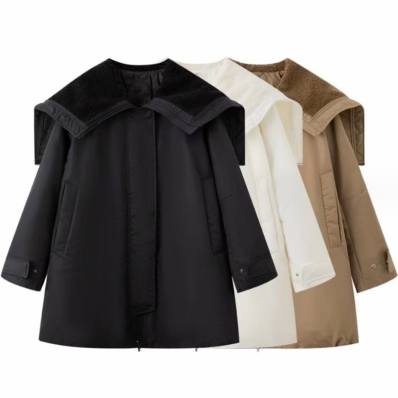 2024 겨울 새로운 느슨한 슬림 디자인 중간 길이 다운 재킷 여성 후드 A 라인 재킷