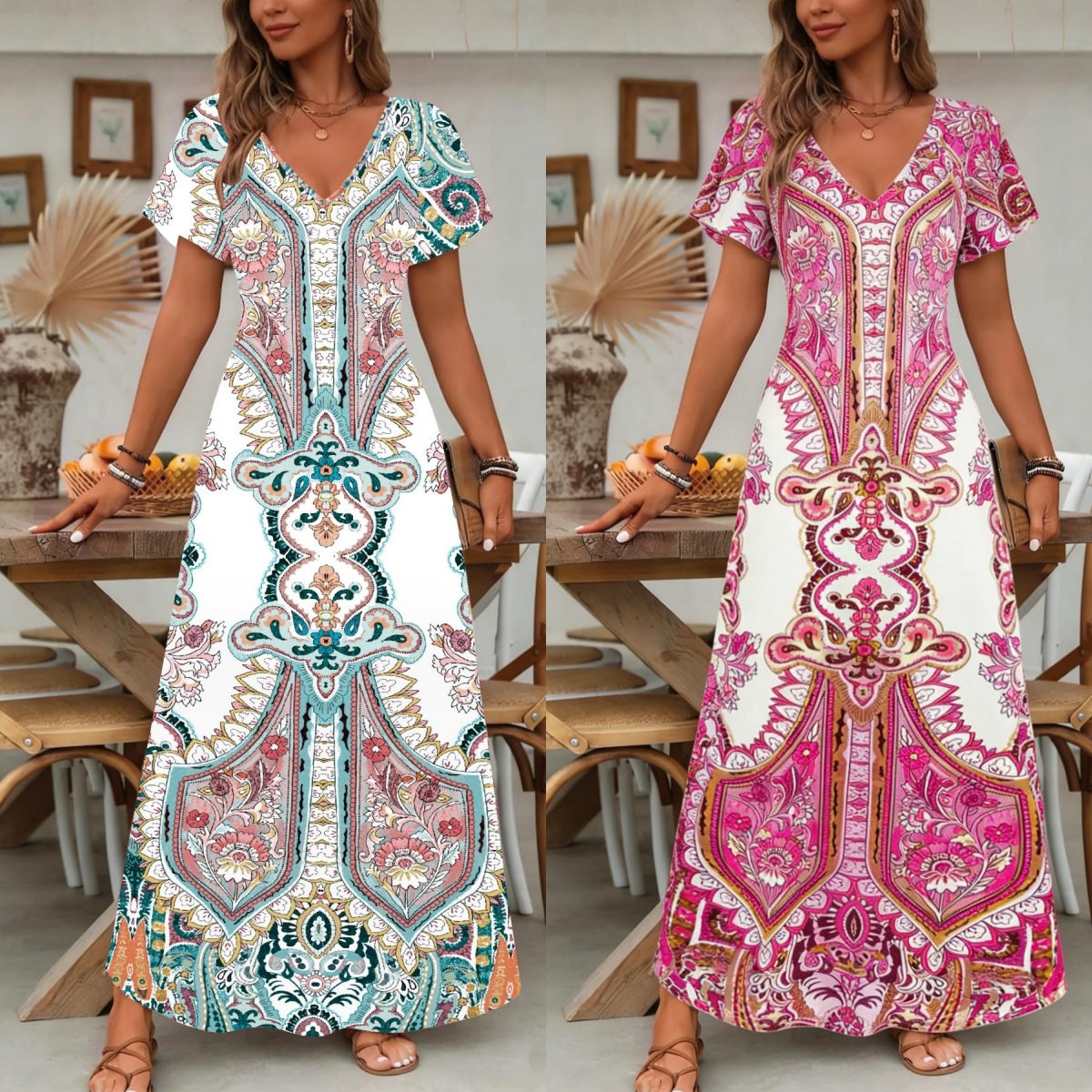 Trendiges Damenmode-Highlight: 3D-Retro-Kleid im Bohème-Stil mit V-Ausschnitt, kurzen Ärmeln und langem Rock – perfekt für den Urlaub._voghion.com