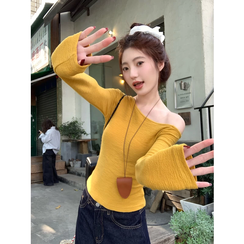 Дофамин желтый косой воротник с открытыми плечами футболка с длинными рукавами женский весенний дизайн