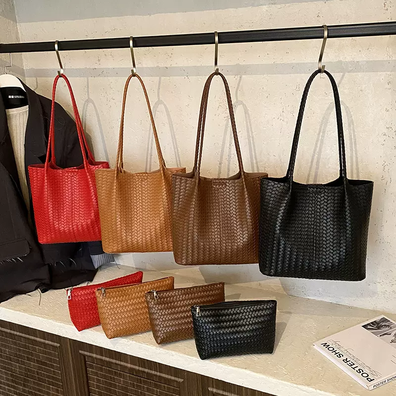 跨境休闲大容量托特包包女通勤手提编织包小众女包简约单肩购物袋