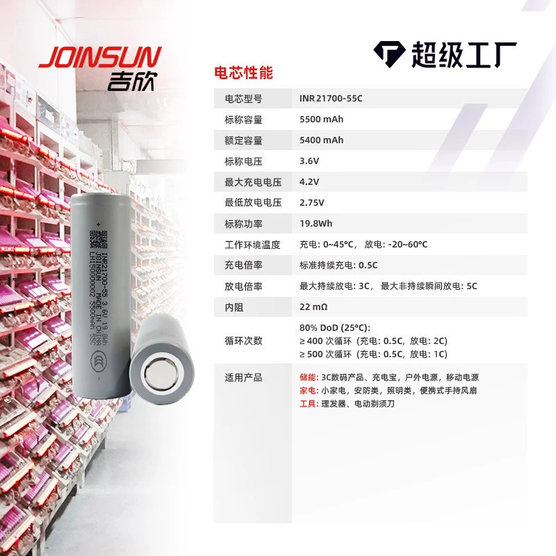 Литиевая батарея Jixin JOINSUN21700 55C 5500 мАч, мобильный блок питания, 3C, для наружного освещения и мелкой техники