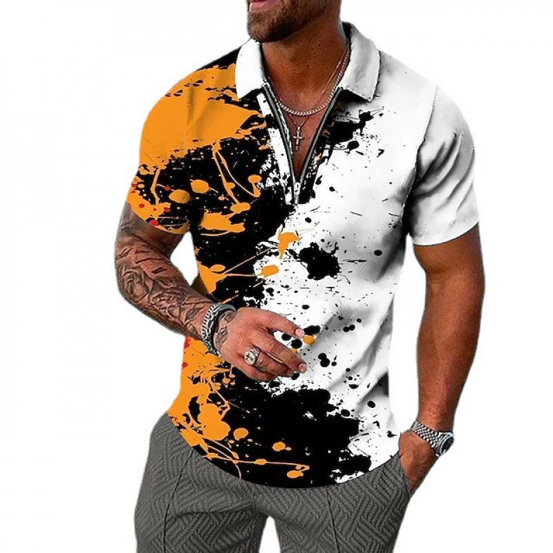 2024 Independent Site Cross-Border Men's Zip-Up Short-Sleeve Casual Polo Shirt with Graffiti Print, Export Online Shipping 2024 Independent Site Cross-Border Men's Zip-Up Short-Sleeve Casual Polo Shirt with Graffiti Print, Export Online Shipping
