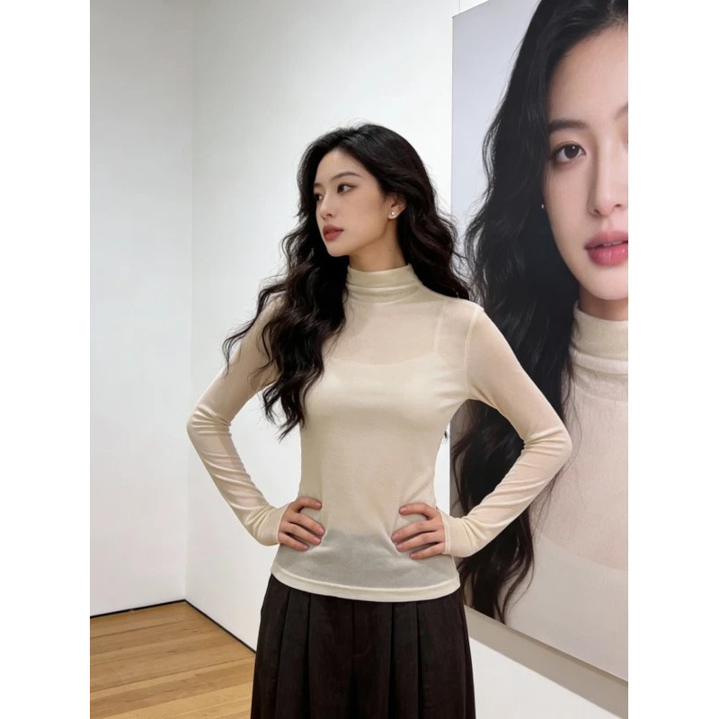 Transparent Half-High Collar Long-Sleeved Mesh Bottoming Shirt for Women, Spring Thin Gauze T-Shirt, Lace Tight-Fitting Top
