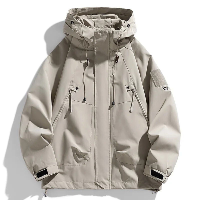 Men's Hooded Windbreaker Jacket with Zipper, Waterproof Black Bomber Jacket for Camping, Loose-Fitting Thin Softshell Hooded Jacket