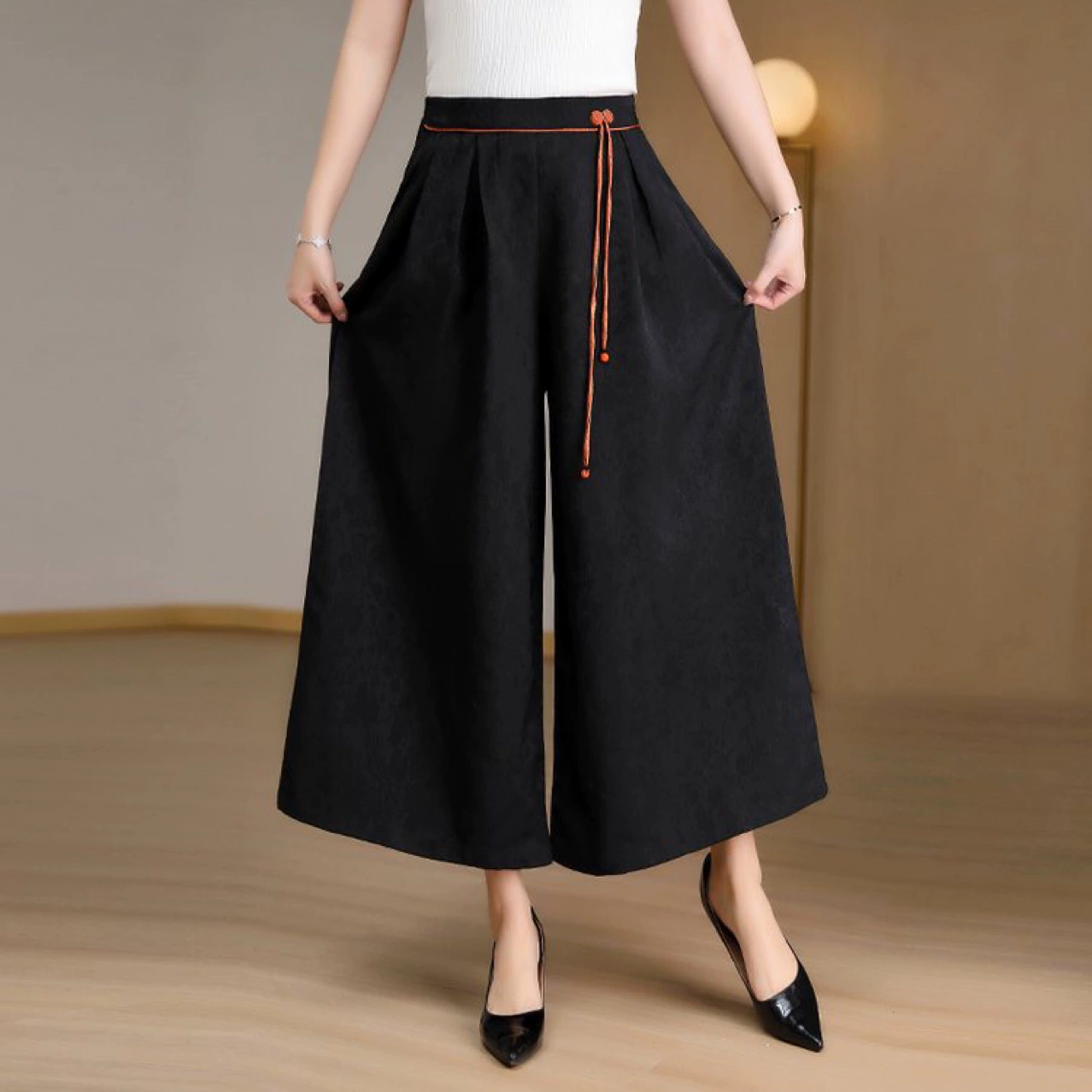 Новый весенне-осенний стиль, ароматная облачная пряжа, китайские широкие брюки с высокой талией, повседневные жаккардовые брюки-кюлоты, шелковый атлас, утягивающий новый китайский стиль для женщин