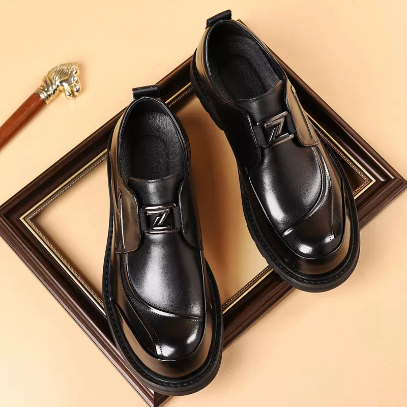 新款男士真皮商务皮鞋大头厚底头层牛皮单鞋男时尚休闲男鞋代发