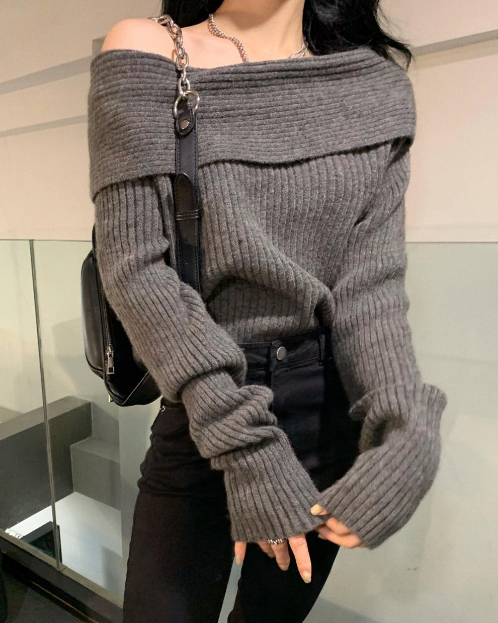 商品详情图_一字领露肩锁骨毛衣女春秋冬洋气时尚时髦内搭长袖打