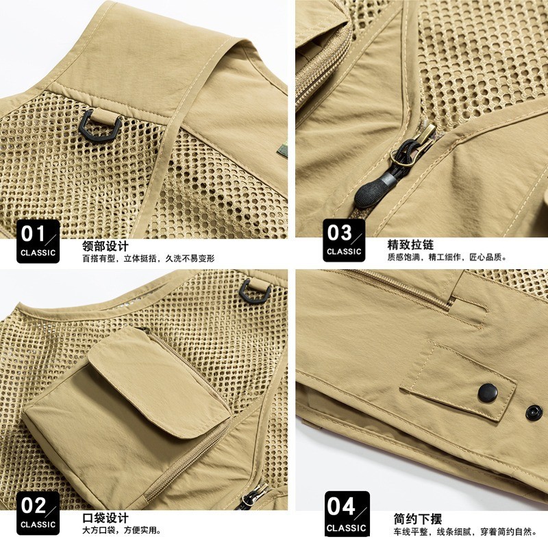 Logotipo impreso personalizado fotógrafo reportero pesca ropa de trabajo Chaleco de malla de algodón camuflaje multi-Bolsillo publicidad ropa de trabajo