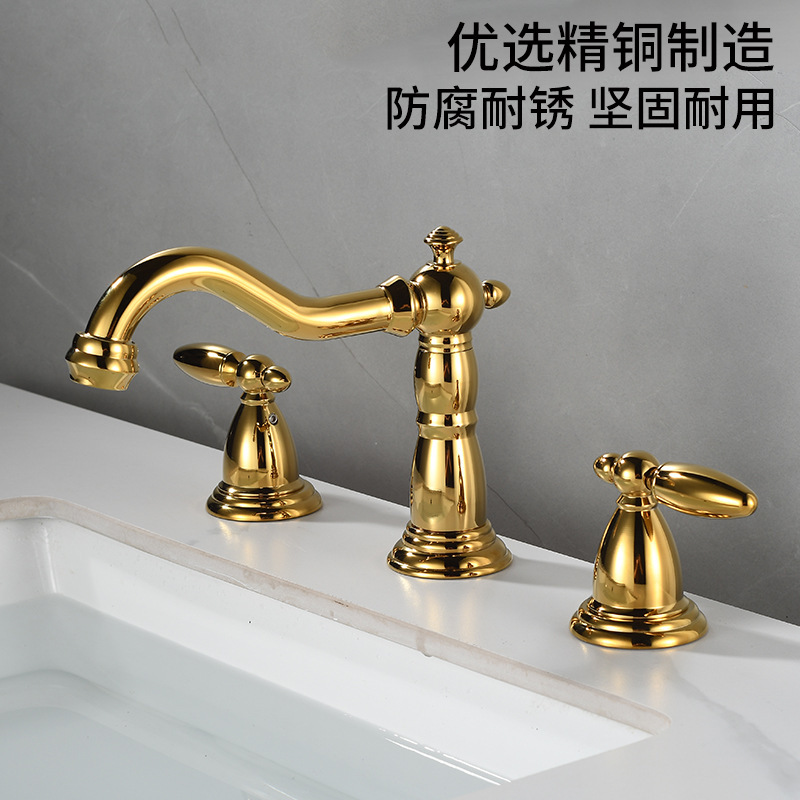 All-Copper Retro Three-Hole Faucet Bathroom Cabinet Basin All-Copper Hot and Cold Faucet Double Handle Split Gold Chrome-Plated Faucet