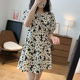 小清新碎花连衣裙女装夏季泡泡袖半身裙圆领短裙子A字裙一件代发