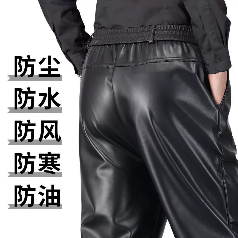 松紧腰单皮裤加厚男士皮裤干活工作休闲裤防水高腰宽松秋冬款PU
