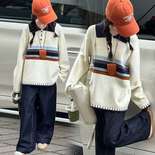 女童春秋条纹毛衣2026新款日系慵懒复古宽松外穿深秋针织衫翻领潮