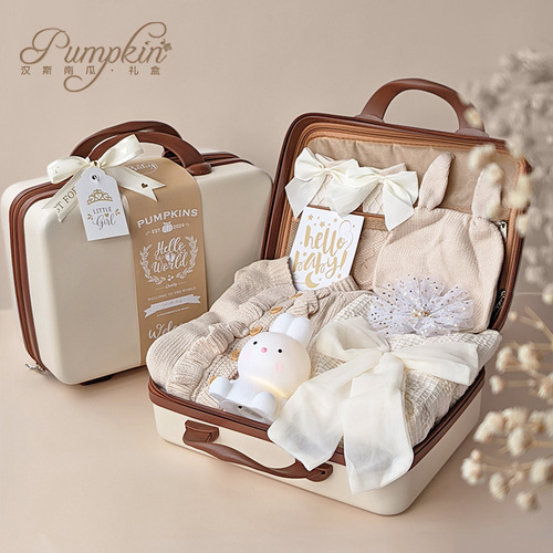 Baby gift set for newborn girls, beige clothing set, wood carved suitcase, 100th day birthday gift, meet and greet item