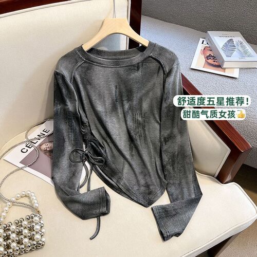 Women's Spring and Autumn Season New Han Style Loose Fitting Slimming Tie-Dye Long Sleeve T-Shirt with Drawstring