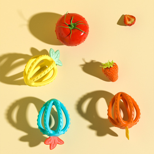 Baby strawberry teethers, grinding tooth sticks for infants, Manhattan-style grab ball toys, pacifying teething gels, silicone, dishwasher safe