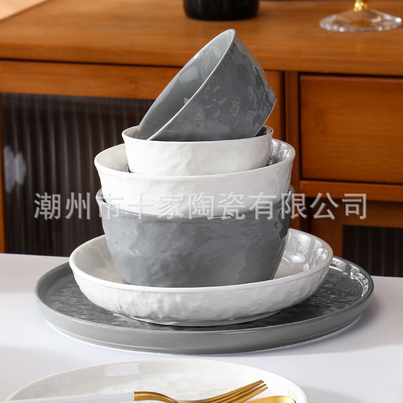 Cubertería de cerámica de piedra característica textura convexa avanzada gris brillante Ins viento simple plato de casa restaurante tazón image 4