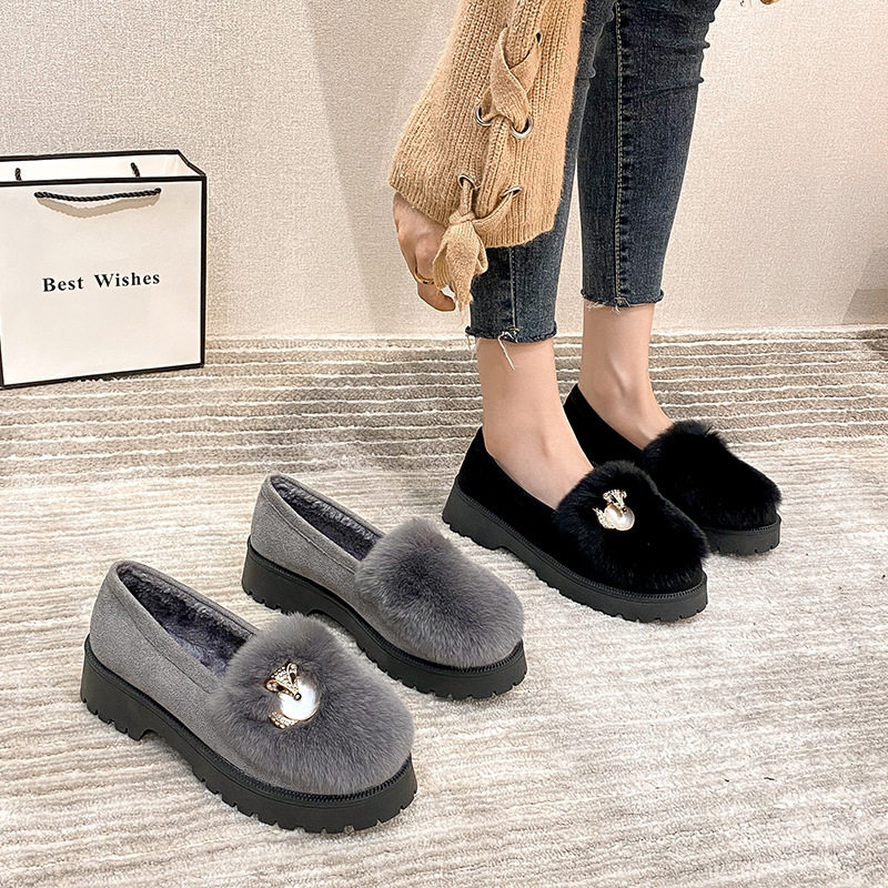 Giày bông nữ lót lông dày, kiểu xỏ chân đế dày chống trơn trượt, gót 3–5 cm — Màu xám, Màu đen