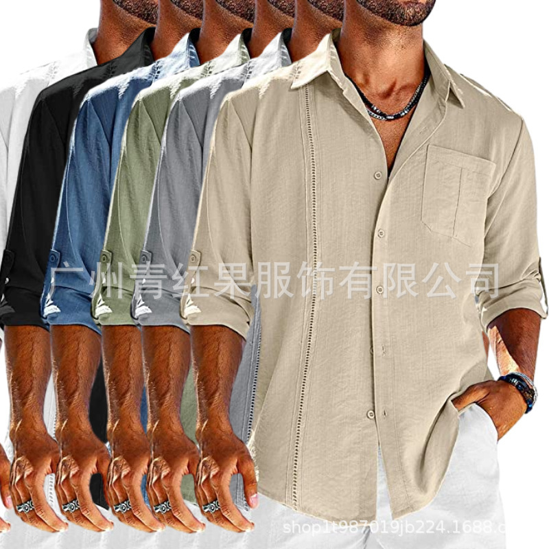 Summer Casual Lace Lapel Solid Color Long-Sleeved Button Men's Linen Shirt Men's Texture Slim Fit