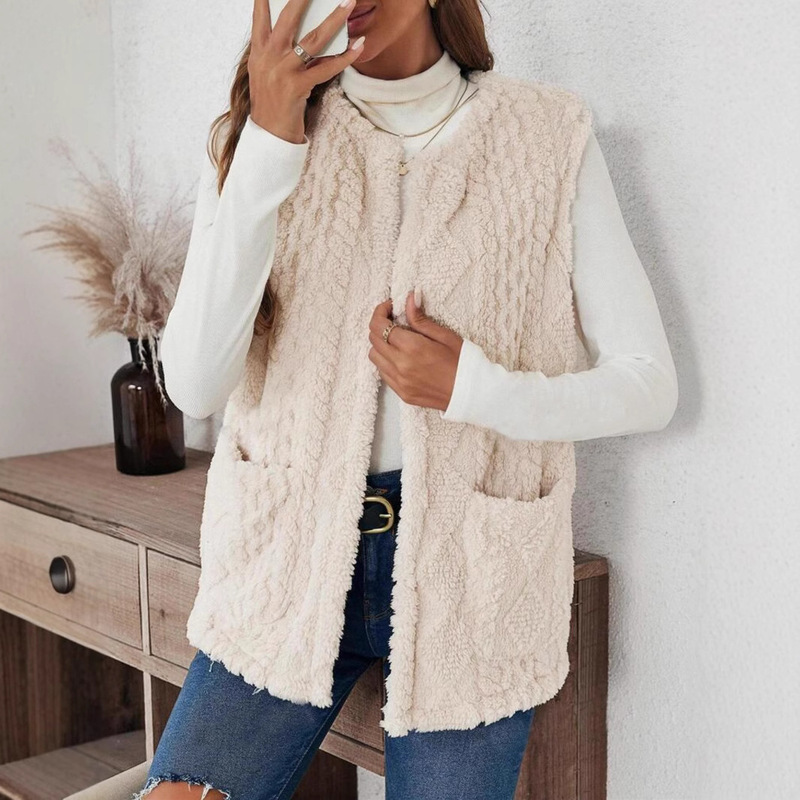Europe and the United States cross-border hot double-sided plush pocket casual cardigan fashion vest women's AliExpress independent station Europe and the United States cross-border hot double-sided plush pocket casual cardigan fashion vest women's AliExpress independent station