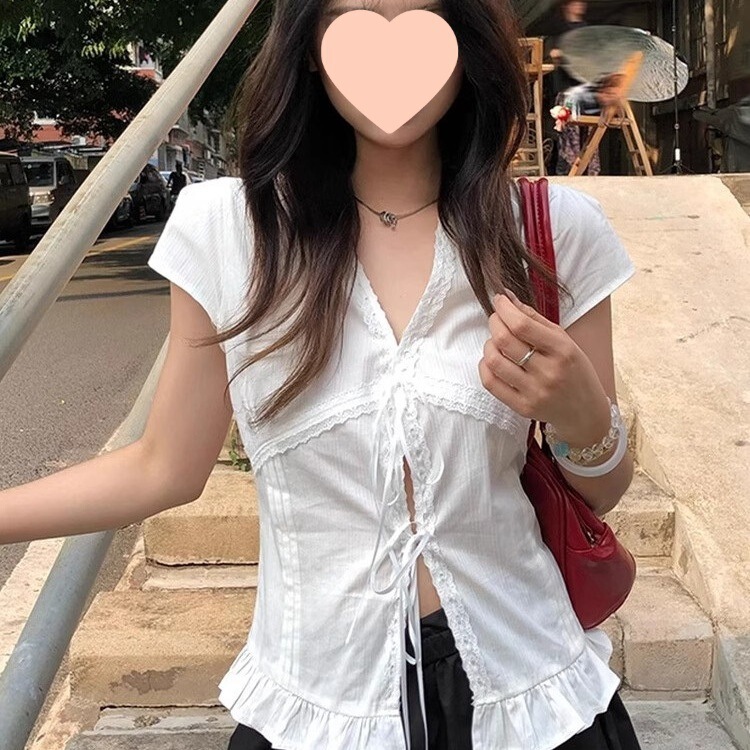 Korean-Style Lace-Trimmed White Short-Sleeve Shirt for Women, Summer Pure Desire Texture, Slim Fit, Tie-Up Short-Sleeve Top
