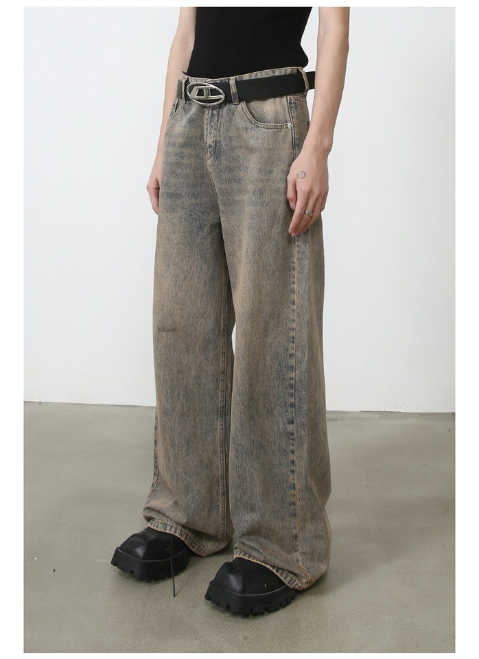 Quần jeans nam ống rộng phong cách retro, dáng suông dài chạm gót, lưng cạp vừa — Vàng gỉ chi tiết 7