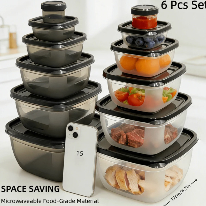 Cross-Border Exclusive Supply: Food-Grade Plastic Layered Six-Piece Set of Fresh-Keeping Containers, Household Sealed Leak-Proof Refrigerator Storage with Lids