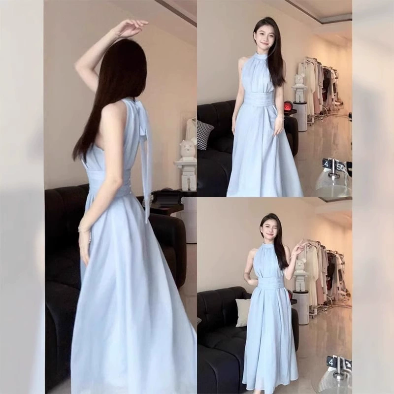 Французское синее платье-подтяжка для детей 2025 новое лето на пляже для отдыха на талии