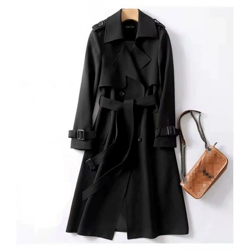 Черное длинное осеннее trench coat, середина длины, корейский стиль, для подростков, британский стиль
