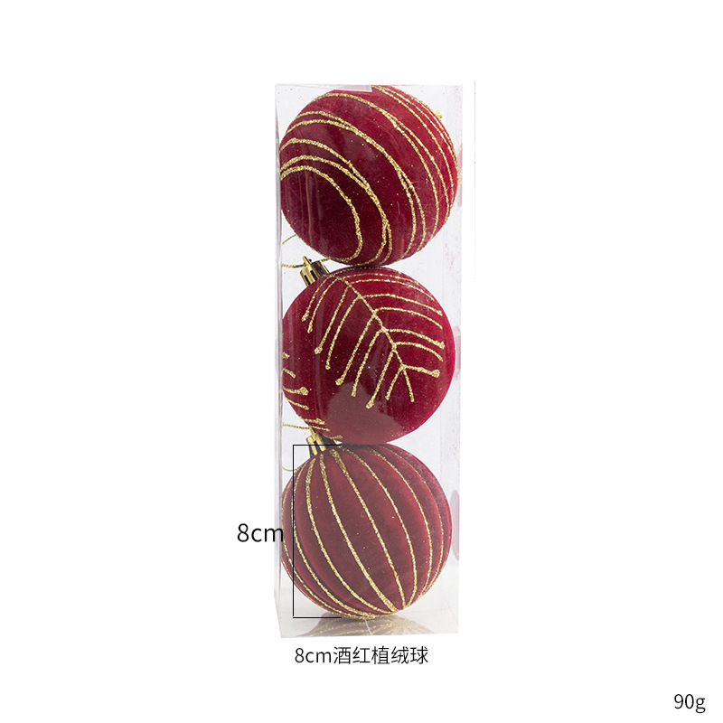 跨境植绒圣诞球酒红色绒布蝴蝶结圣诞装饰挂件8CM彩绘圣诞树吊球|undefined
