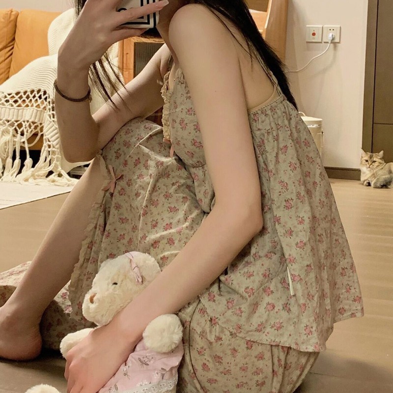 女性用胸パッド付きパジャマ、夏スタイル、甘くてかわいい純綿サスペンダーホーム服、夏の半袖ズボン、サマースーツ|undefined