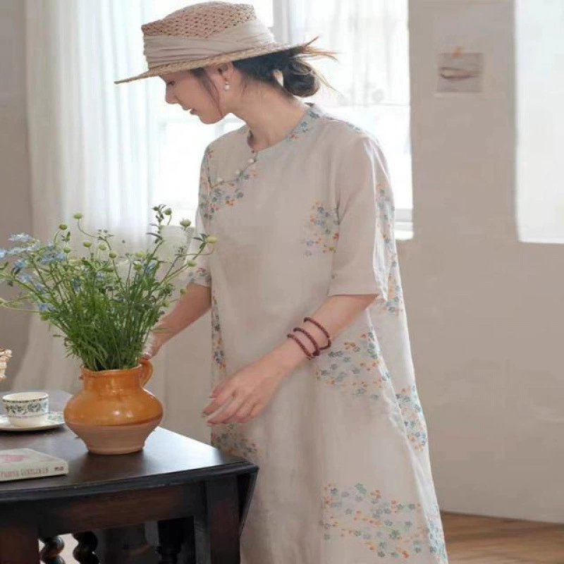 Улучшенный женский летний Cheongsam из рами в китайском стиле, свободная элегантная тонкая юбка с принтом в стиле ретро, ​​элитное платье