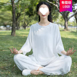 民族风新款棉麻禅服套装圆领中袖上衣晨练太极服批发白色粉色一件