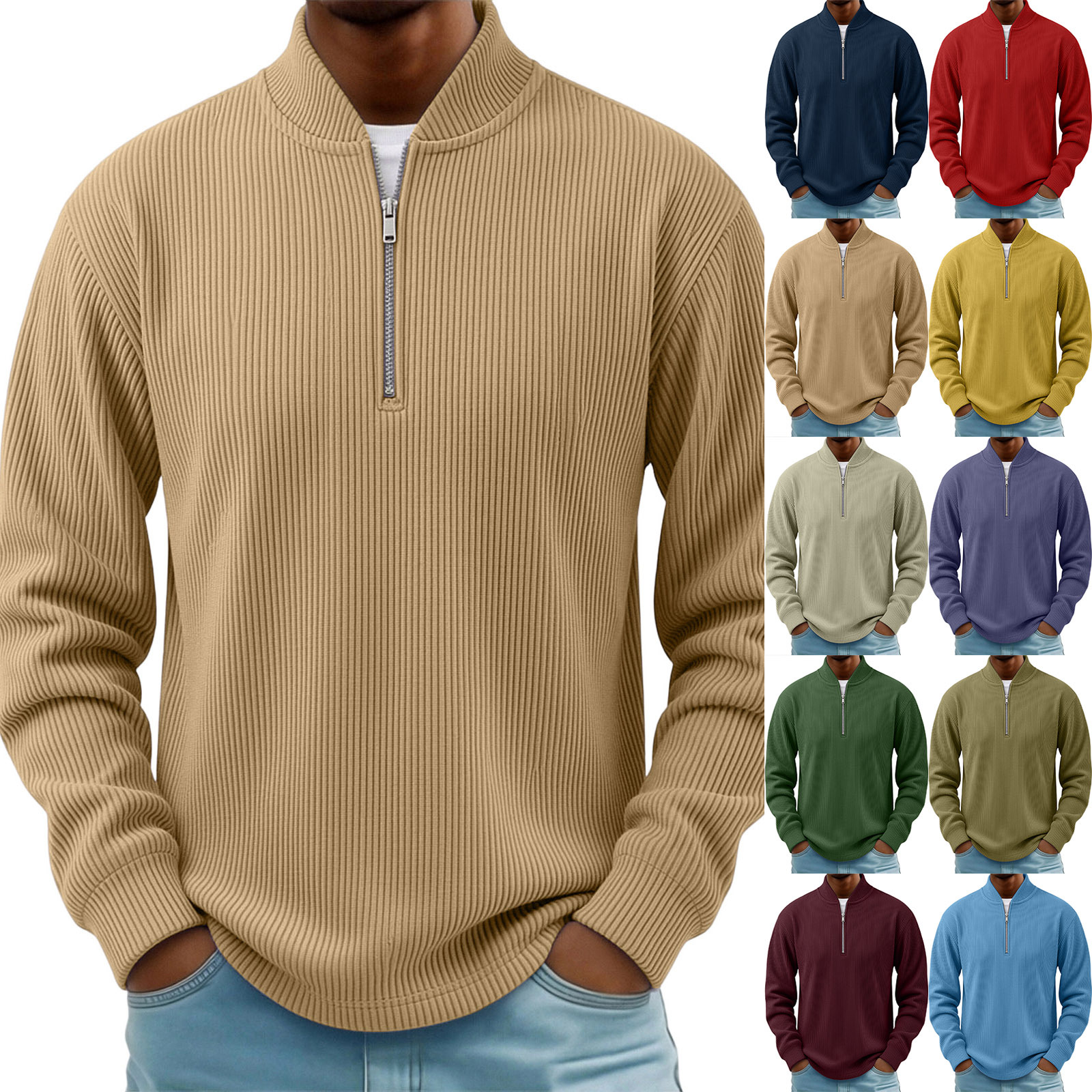 2026 Autumn Unisex Pullover Casual Top, Stand Collar Zipper Corduroy Long Sleeve Couple Polo Shirt, Wrinkle-Free