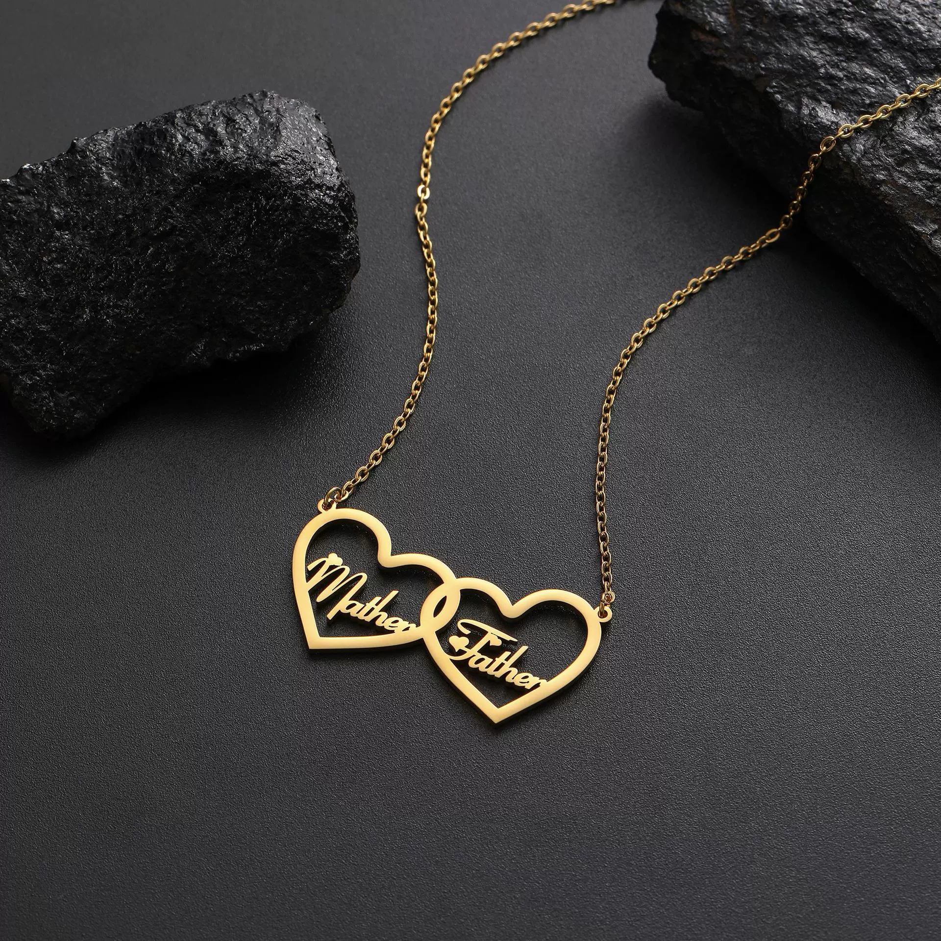 【一件定制】不锈钢英文字母双爱心吊坠电镀18K金情侣双名字项链