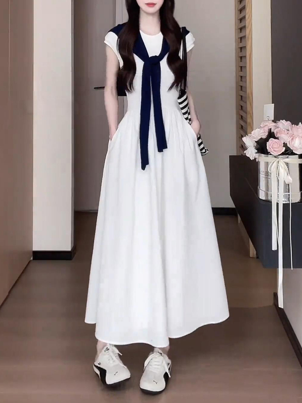French-Style White Dress for Women, Summer 2026 New Model, Stunning Early Summer Beach Vacation Waist-Cinching Long Dress French-Style White Dress for Women, Summer 2026 New Model, Stunning Early Summer Beach Vacation Waist-Cinching Long Dress