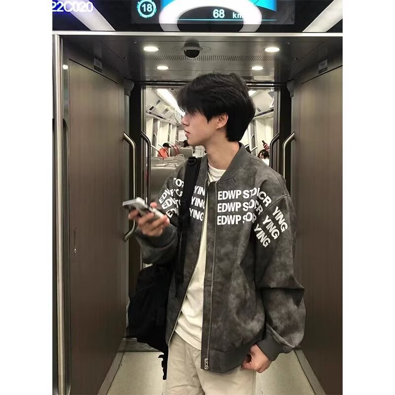 美式字母印花短款棒球服男春秋廓形垫肩hiphop高级感痞帅飞行外套|undefined